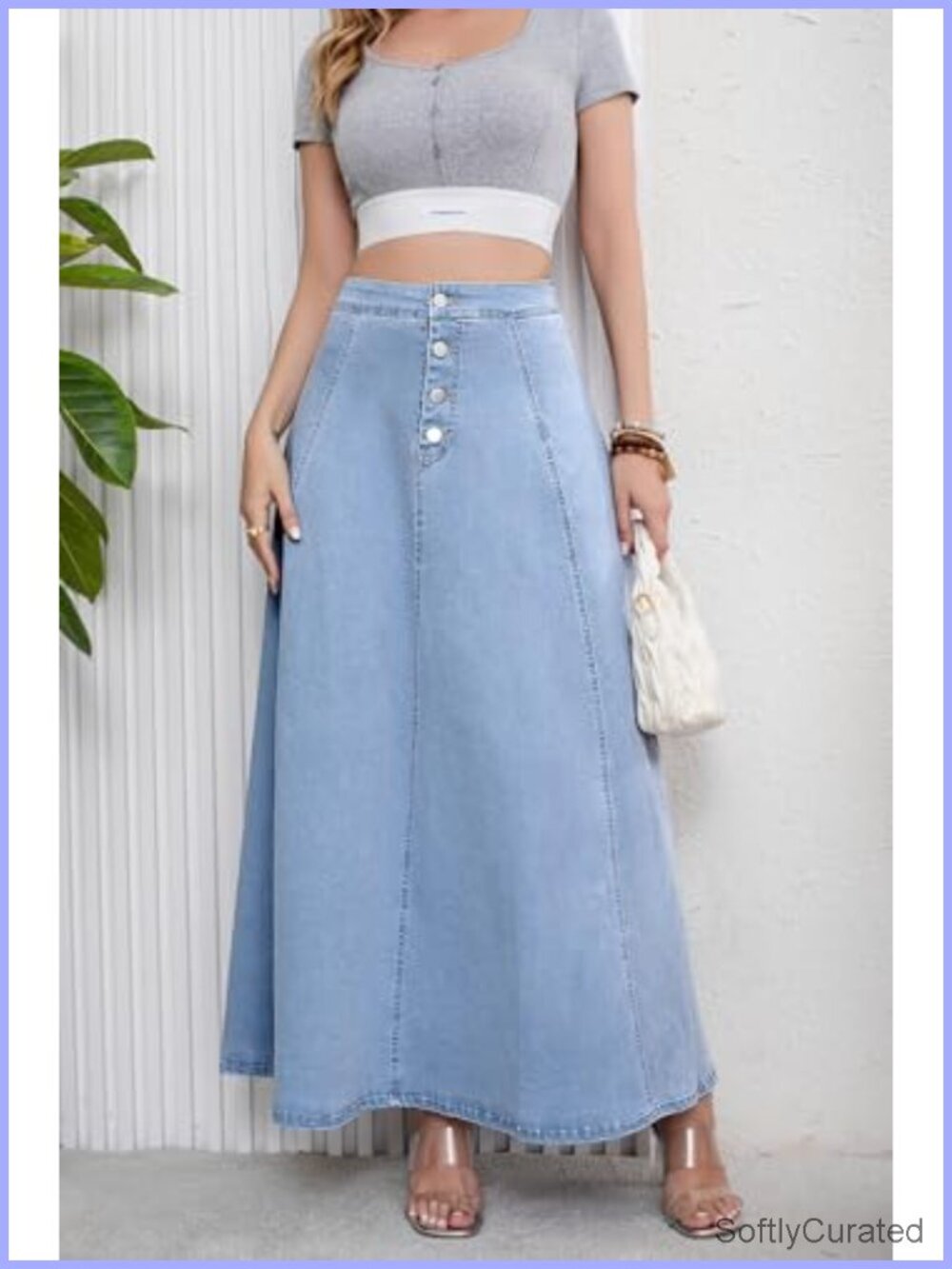 Retro High Waisted Flared Denim Maxi Skirt Pleated A-Line Swing - Picture 6 of 6